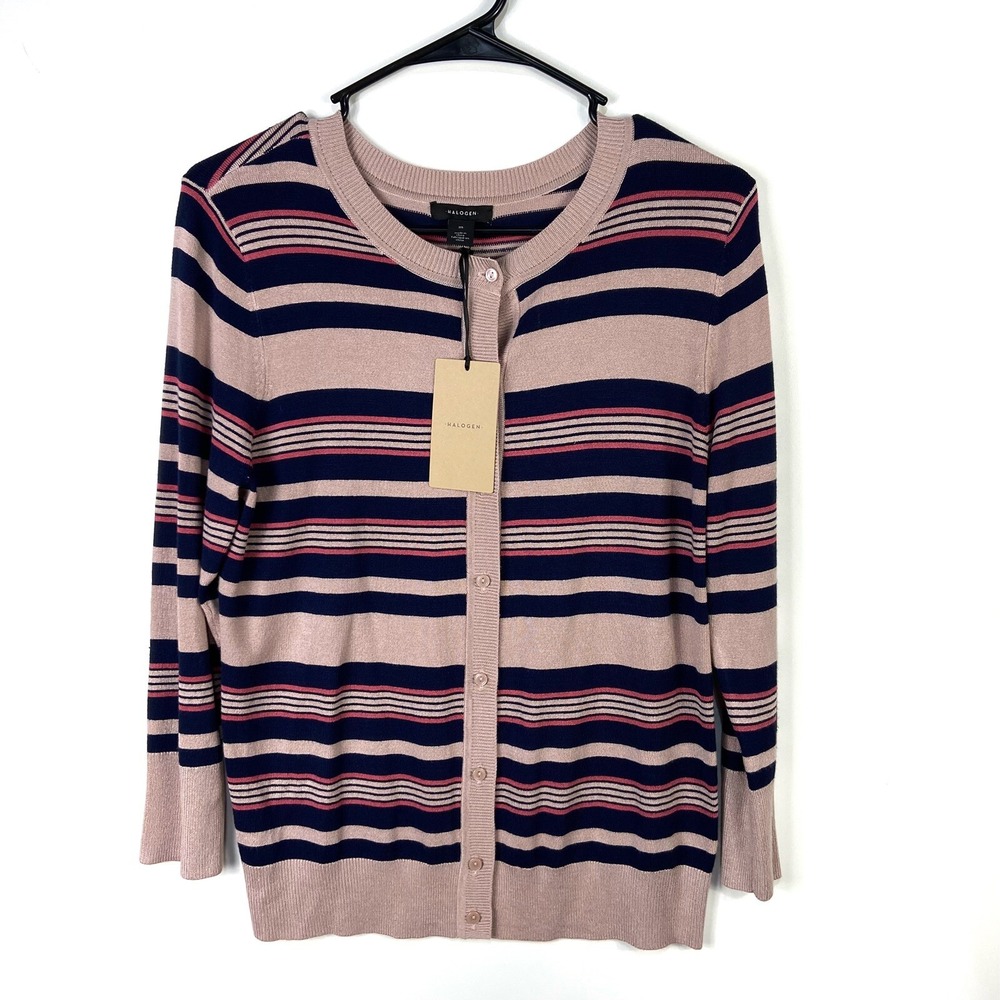Halogen Nordstrom women cardigan size M stripes cotton long sleeve pink Office
